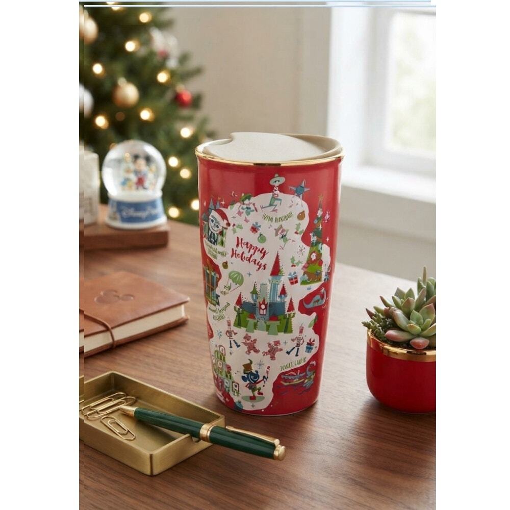 2020 Starbucks Happy Holidays Ceramic Travel Tumbler 12-oz. Gold-Rimmed Edge